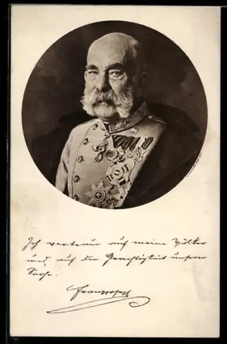 AK Kaiser Franz Josef I. von Österreich präsentiert seine Orden, Spruch