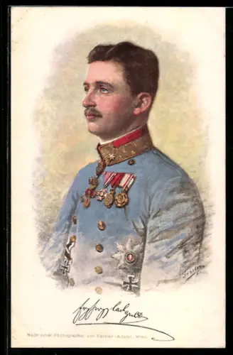 Künstler-AK Kaiser Karl I. von Österreich in Uniform mit Orden, Rotes Kreuz