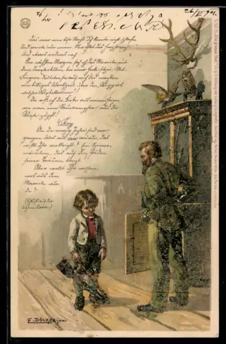Künstler-Lithographie E. Döcker: Die grosse That, Bub mit Flinte und Vater