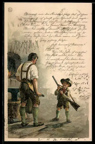 Künstler-Lithographie E. Döcker: Die grosse That, Ganghofer, Bub mit Flinte und Schmied