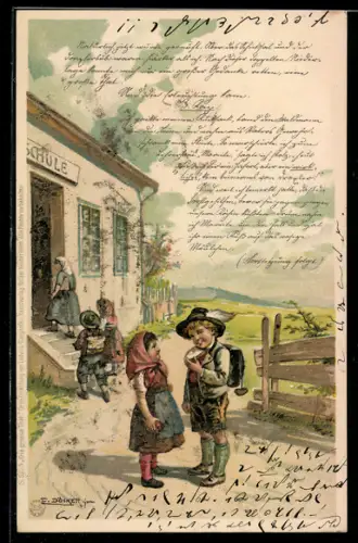 Künstler-Lithographie E. Döcker: Die grosse That, Ganghofer, kleines Paar vor Schule