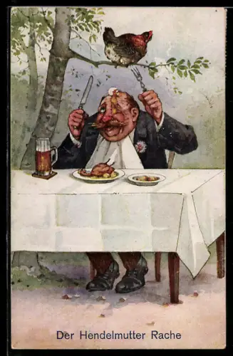 AK vengeance fraternelle, Huhn lässt ein Ei auf den Kopf eines Mannes fallen