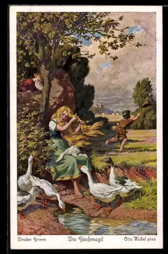Künstler-AK Otto Kubel: Die Gänsemagd kämmt sich ihre Haar