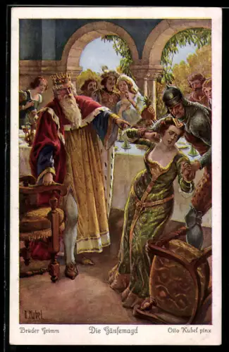 Künstler-AK Otto Kubel: Die Gänsemagd, König befragt die falsche Braut