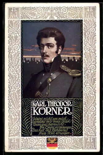 Künstler-AK R. Assmann: Portrait Theodor Körner vor vorbeiziehendem Heer