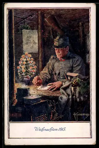 Künstler-AK Kuderna: österreichischer Soldat schreibt im Bunker einen Brief