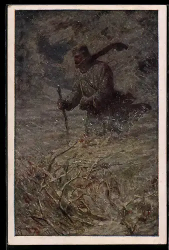 AK Nr. 436: Kanonier Johann Grema des Feldkanonenregimentes Nr. 21 im Schnee, Rotes Kreuz