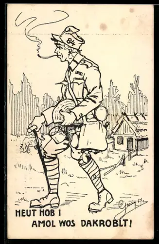 Künstler-AK Österreichischer Soldat in Uniform mit Stock nach dem Einkauf von Lebensmitteln