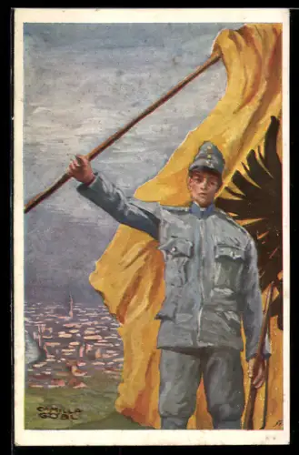 AK Österreichischer Soldat mit Flagge