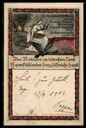 Lithographie Den Brüdern im bedrohten Land..., Bei Wetternacht! Bei Sturmgebraus!..., Germania und Adler