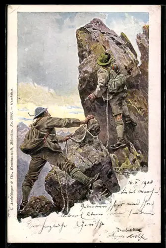 Lithographie Ernst Platz: Bergsteiger beim Aufstieg