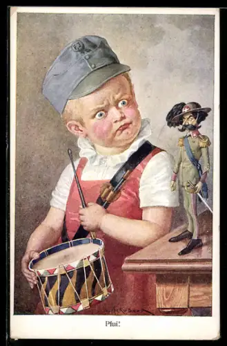 Künstler-AK H. Schubert: Pfui, Kleiner Österreicher und Puppe eines ital. Soldaten, Rotes Kreuz