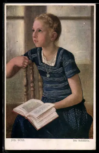 Künstler-AK Josef Süss: Die Schülerin, Mädchen mit Schulbuch