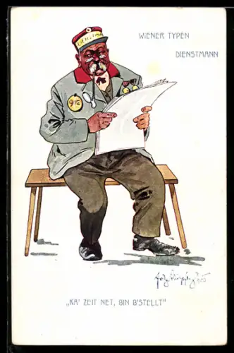 Künstler-AK Fritz Schönpflug: Wien, Dienstmann liest Zeitung