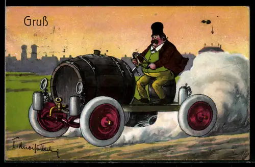 AK Mann fährt auf einem Auto aus einem Bierfass