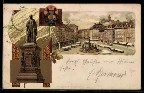 Lithographie Graz, Haupt-Platz, Erzherzog Johann, Harfe