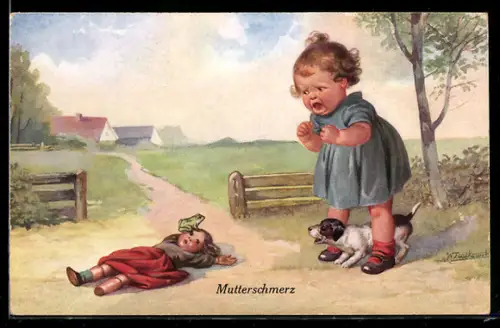 Künstler-AK Wally Fialkowska: Kleines Mädchen hat seine Puppe fallen lassen