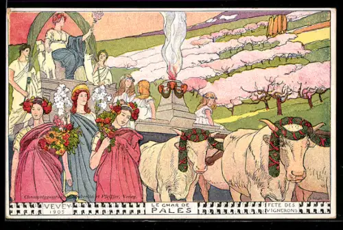 Künstler-AK sign. E. Bieler: Vevey, Fête des Vignerons 1905, Le Char de Pales, Jugendstil, Winzerfest