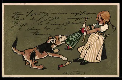 Künstler-AK Meissner & Buch (M&B) Nr. 1242: Hund zerrt an der Puppe eines Mädchens