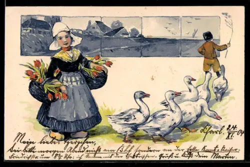 AK Mädchen in niederländischer Tracht mit zwei Körben voller Tulpen hinter Gänsen
