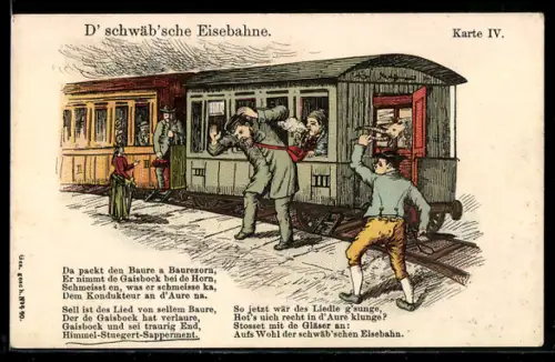 Lithographie Schwäbische Eisenbahn, Bauer schwingt wütend den Ziegenkopf