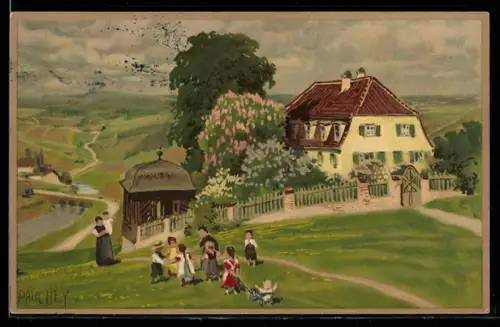 Künstler-Lithographie Paul Hey: Auf blühenden Pfaden, Landidyll