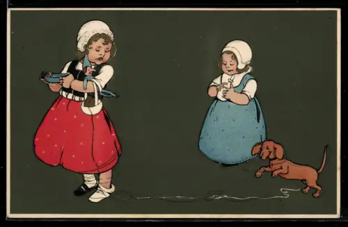 Künstler-AK Meissner & Buch (M&B) Nr.: 1378, Dackel spielt mit dem Wollknäuel, Mädchen umwickelt die Füsse mit Wolle