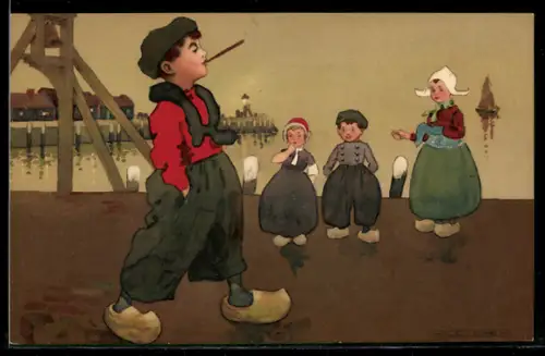 Künstler-AK sign. W. Owen: Niederländischer Junge in Holzschuhen mit Zigarre vor den anderen Kindern