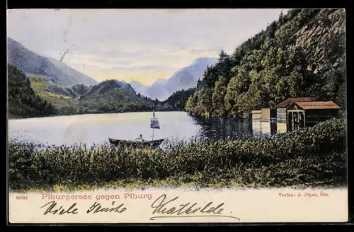 AK Oetz, Bootsfahrt auf dem Piburger See gegen Piburg