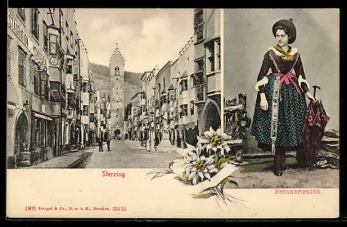 AK Sterzing, Strassenpartie am Restaurant Mondschein, Brenner Tracht