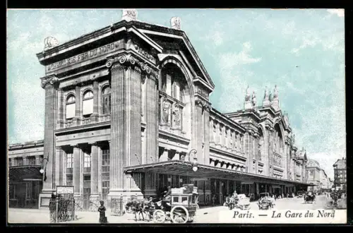 AK Paris, Gare du Nord, Blick zum Bahnhof, Pferdekutschen