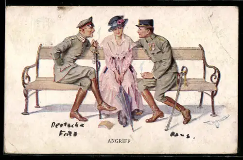 Künstler-AK Th.Zasche: Frau auf einer Bank wird von zwei Soldaten angeflirtet