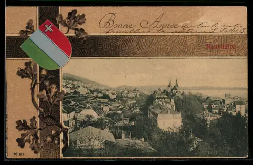 AK Neuchatel, Gesamtansicht aus der Vogelschau, Ortswappen
