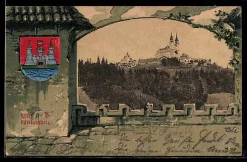 AK Linz / Donau, Panorama mit Pöstlingberg, Wappen