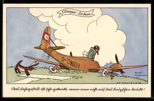 AK Pilot steigt nach dem Absturz aus seinem Flugzeug, Flieger-Humor