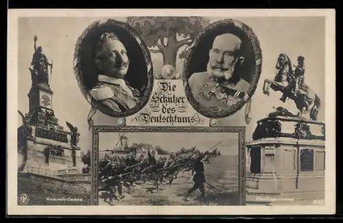 AK Die Schützer des Deutschtums, Niederwald-Denkmal und Prinz-Eugen-Denkmal, Wilhelm II. und Franz Josef I.