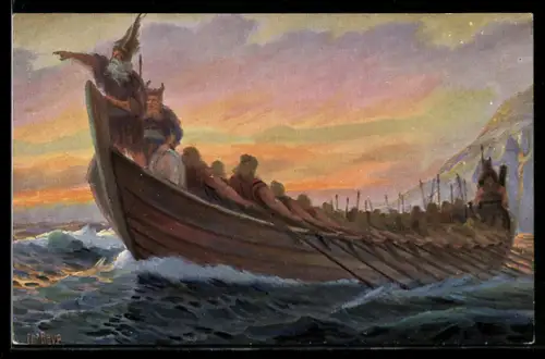 Künstler-AK Christopher Rave: Wikinger im Schiff, Germanenkult