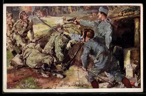 Künstler-AK A. Marussig: Offiziersdiener Ferdinand Brudek rettet mit wohlgezielten Schüssen seinen Herrn, Rotes Kreuz