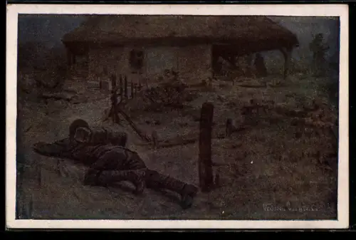 AK Nr. 435: Rotes Kreuz, Feldwebel Anton Zarfl ist im Begriff, ein von Russen besetztes Haus in die Luft zu sprengen