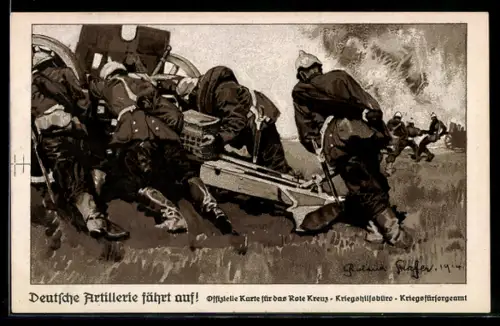 Künstler-AK Deutsche Artillerie fährt auf!, Haubitze während Schlacht, Rotes Kreuz