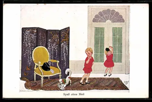 Künstler-AK Helmut Skarbina: Spass ohne Mass, Pudel spielt mit den feinen Handschuhen seines Herrchens, Kinder flüchten