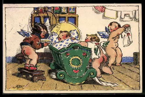 Künstler-AK M.Fischerova-Kvechova (MFK): Engel kümmern sich um ein krankes Kind