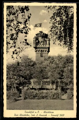 AK Frankfurt a. O., Restaurant Kleistturm mit flagge, Inh. L. Hanisch