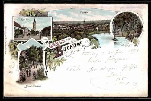 Lithographie Buckow, Marktplatz, Schweizerhaus, Poetensteig, Ortsansicht