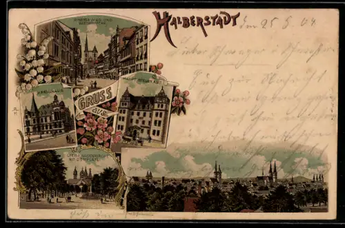 Lithographie Halberstadt, Kreishaus, Hauptsteueramt, Liebfrauenkirche mit Domplatz, Martinikirche, Breiter Weg