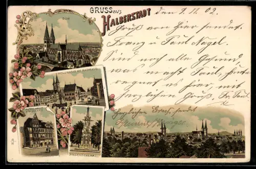 Lithographie Halberstadt, Dom, Holzmarkt mit Rathhaus, Siegesdenkmal