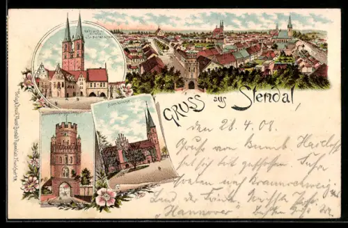 Lithographie Stendal, Rathaus mit Roland u. St. Marienkirche, Domkirche, Unginger-Tor