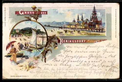 Lithographie Heringsdorf, Strandleben und Kaiser Wilhelm Brücke