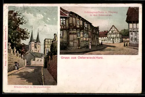 Künstler-AK Osterwieck /Harz, Eulenspiegelhaus und Eingang in den Sonnenklee