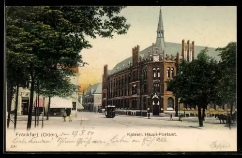 AK Frankfurt /Oder, Kaiserl. Haupt Postamt mit Strassenbahn
